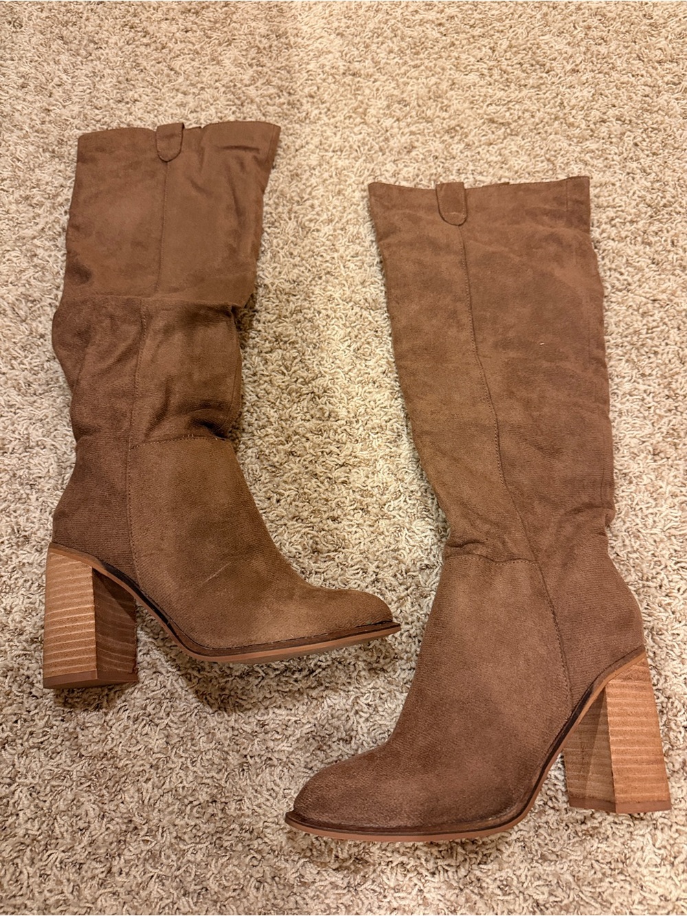 Women's Brown Suede Like Block Heel Knee Boots
